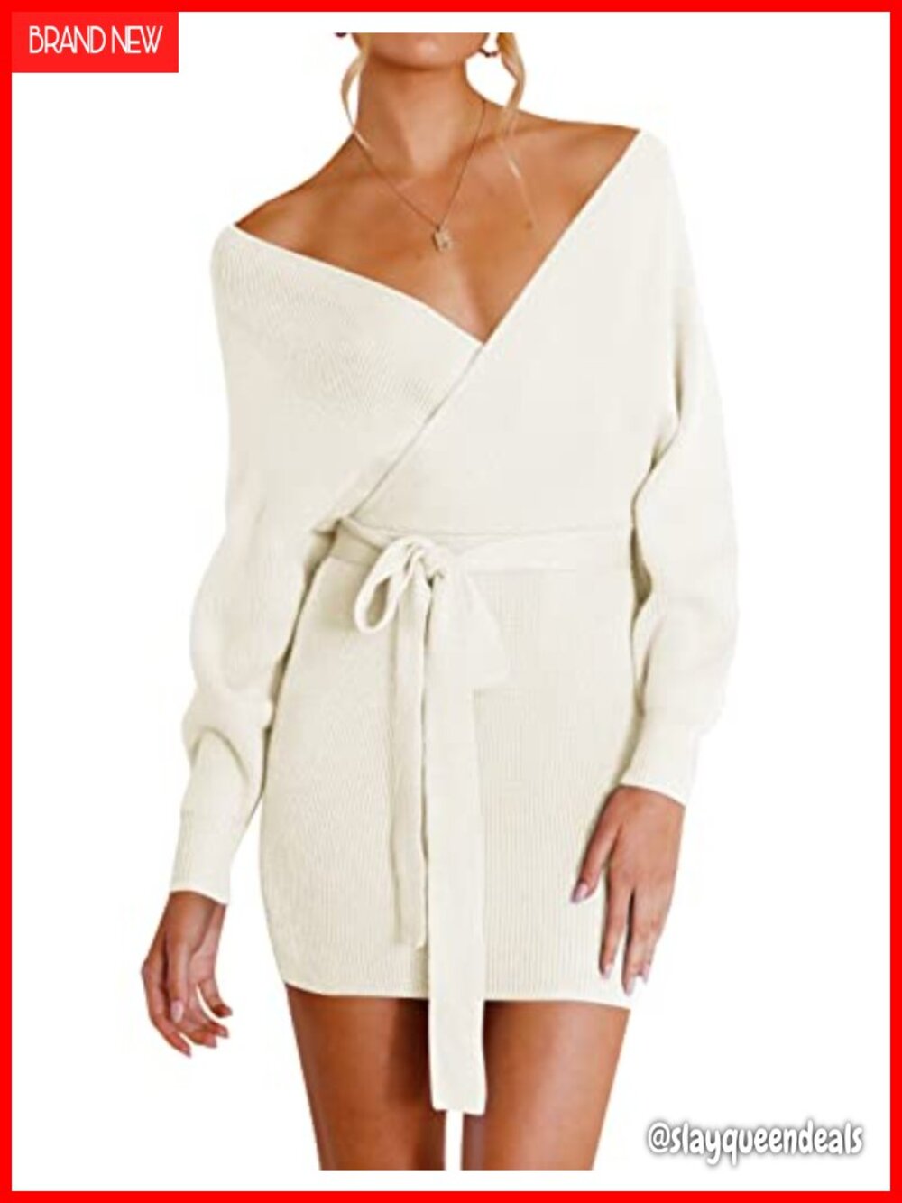 Women's Long Batwing Sleeve Wrap V Neck Knit Sweater Dress with Waist Belt